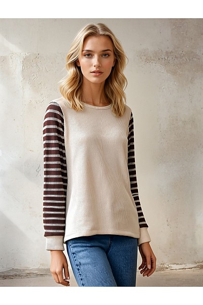 PT11611PLUS URBAN RIB KNIT STRIPED SLEEVES SWEATER